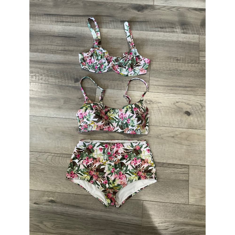 VS Victoria Secret Tropical Floral 3 Piece Bikini Set High Waist Bottom & 2 Tops